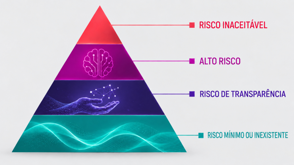 Pirâmide representando categorias de risco do AI Act da União Europeia, do risco mínimo ao risco inaceitável.