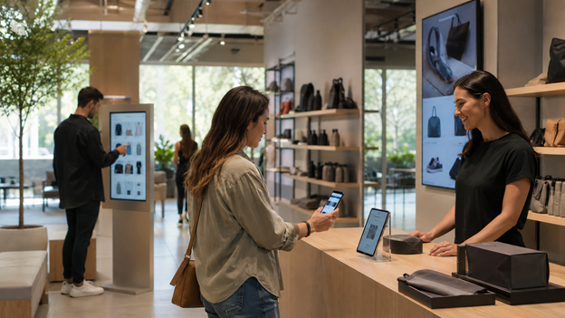 Cliente finaliza compra com celular no caixa, com totem digital de produtos ao fundo, exemplo de estratégia phygital.