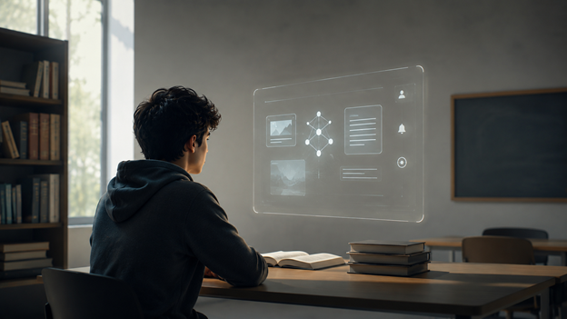 Estudante utiliza recursos digitais para ilustrar os desafios da tecnologia na educação e a adaptação ao ensino.