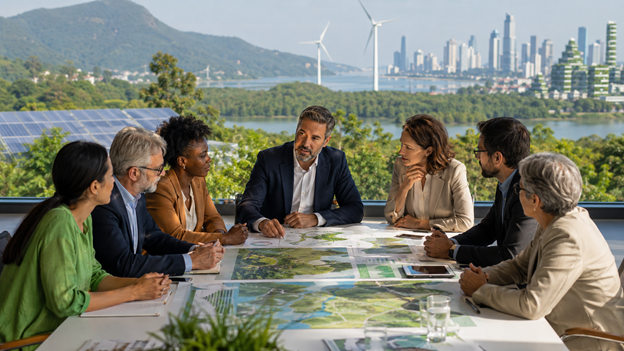 Equipe em reunião analisando mapas ambientais, com painéis solares e turbinas eólicas ao fundo.
fonte: ia.
