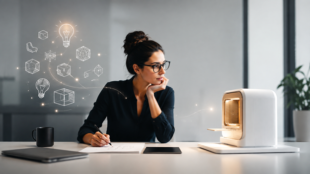 Mulher refletindo sobre ideias criativas ao lado de uma tecnologia inovadora.
fonte: ia