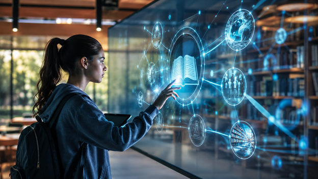 Estudante interage com tecnologia digital para acessar recursos educacionais virtuais.
IMAGEM: IA.