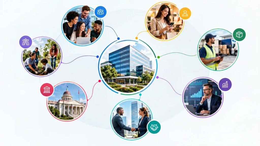 Pessoas e grupos conectados a uma empresa, representando diferentes tipos de stakeholders internos e externos.
IMAGEM: IA.