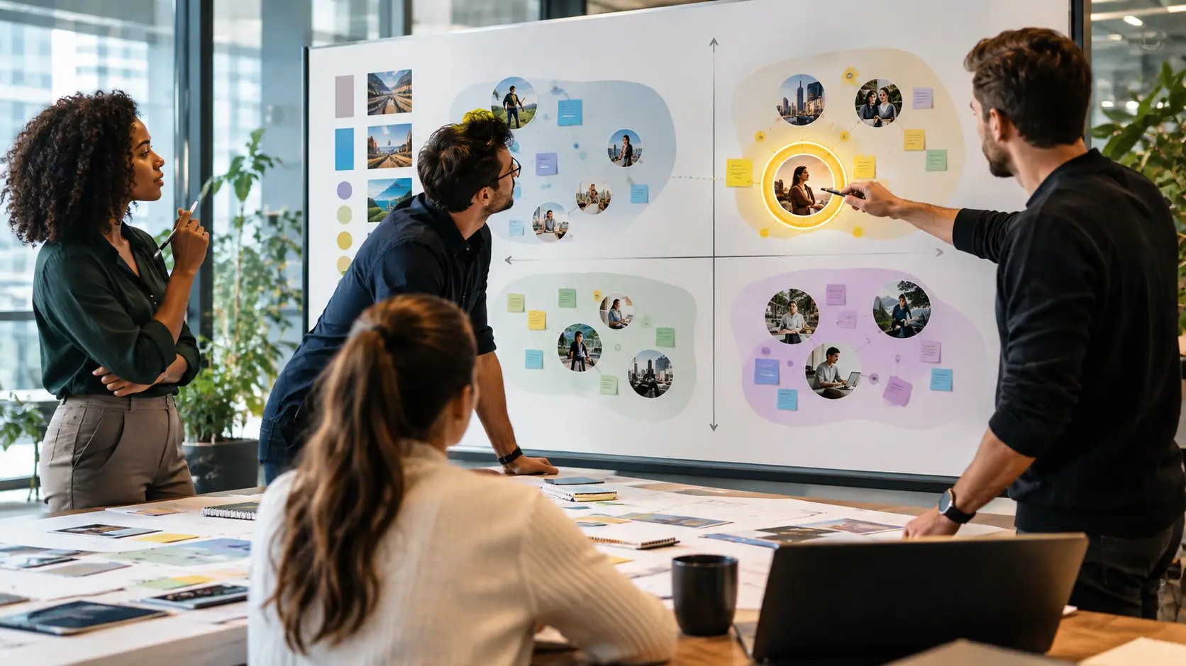 Equipe de marketing analisando perfis de público em um painel para definir o posicionamento de marca.