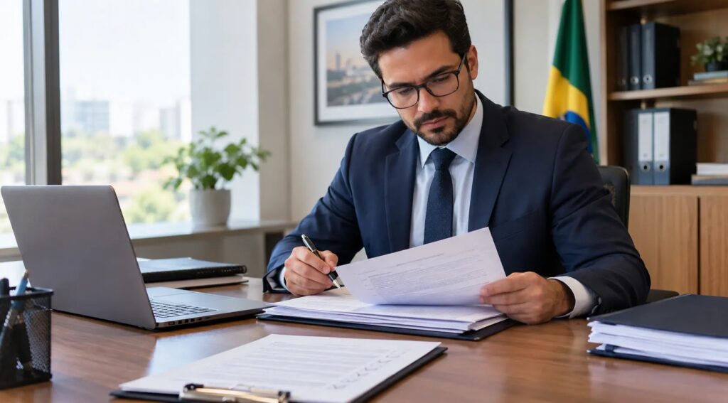 Profissional de terno analisando e assinando documentos em um escritório, com notebook, pastas e bandeira do Brasil ao fundo.