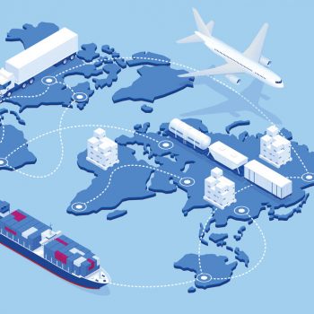 Mapa-múndi com navio, avião e caminhão representa o comércio internacional e a logística global entre países.