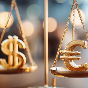 Balança com símbolos do dólar e do euro representa o que é balança comercial e o equilíbrio das trocas internacionais.